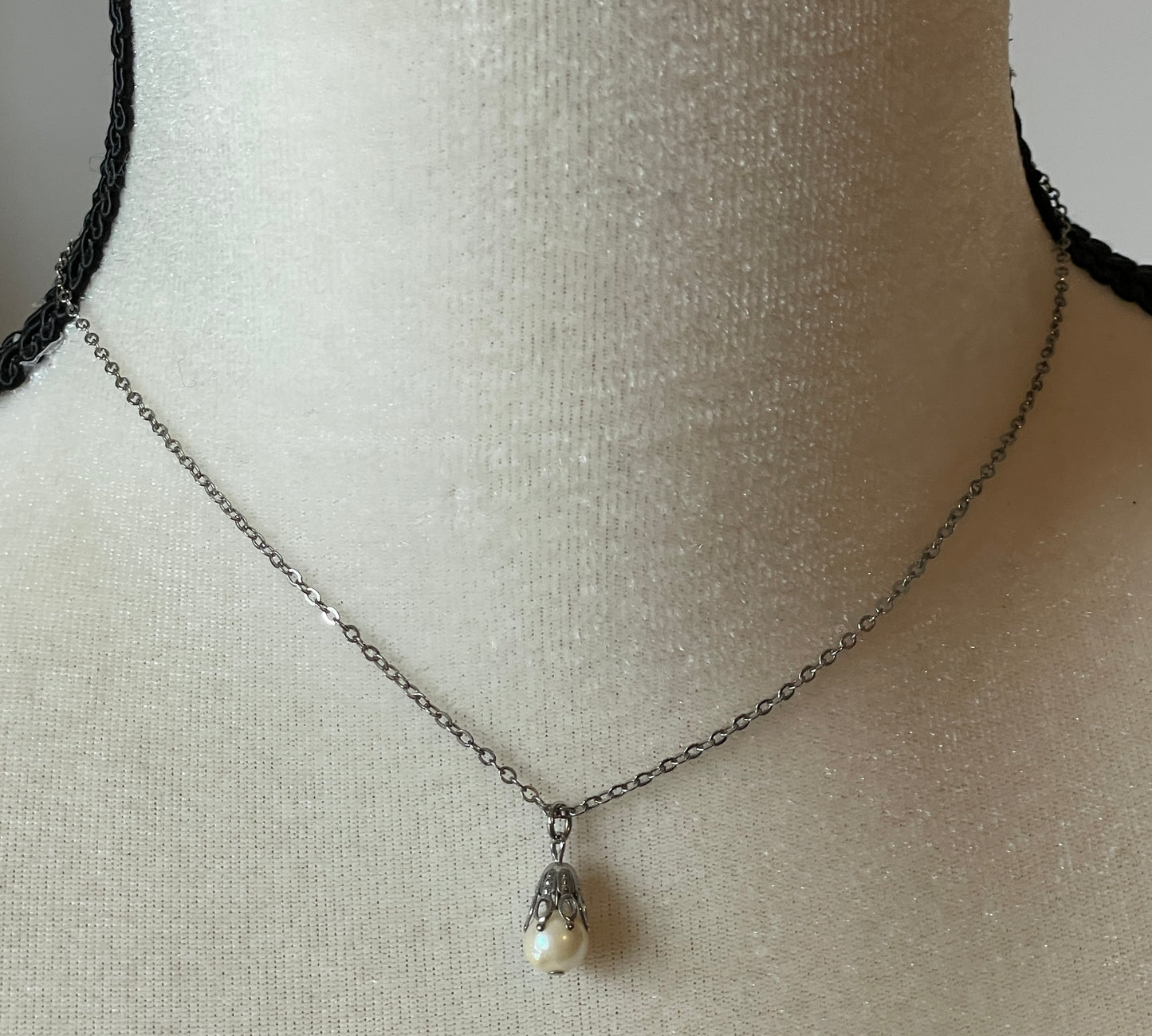 Vintage Sterling Silver 925 Chain Necklace Cultured Pearl Tear Drop Pendant