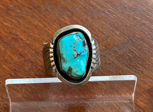 Vintage W Denetdale Navajo Mens Sterling Silver Turquoise Ring Sz 10.75