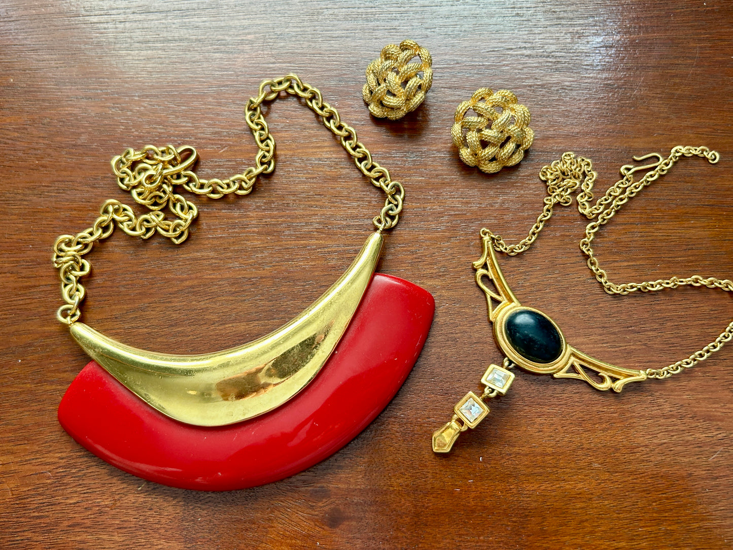 Vintage Signed Monet Jewelry Lot Necklace Earrings Gold Tone Rhinestone Red