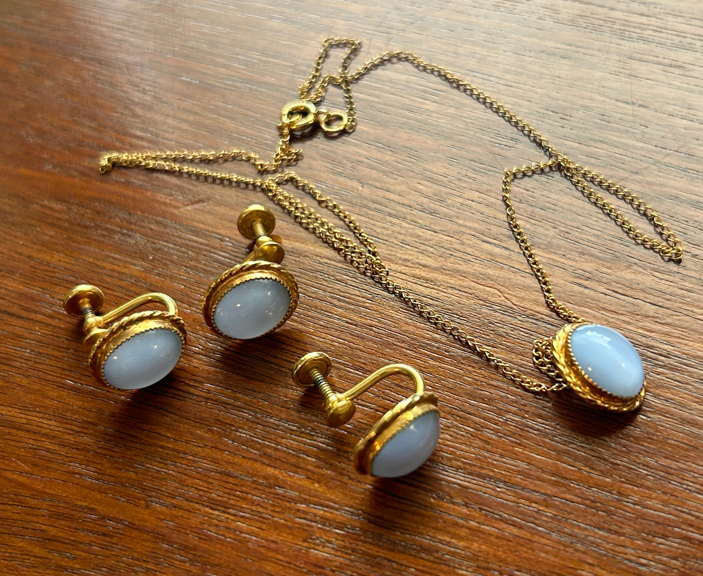 Vintage 12k Yellow Gold Filled Blue Moon Glow Pendant Necklace Earrings Set