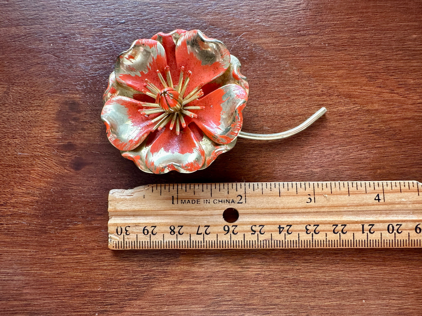 Vintage Large Gold Tone Coral Colored Enamel Flower Brooch Pin