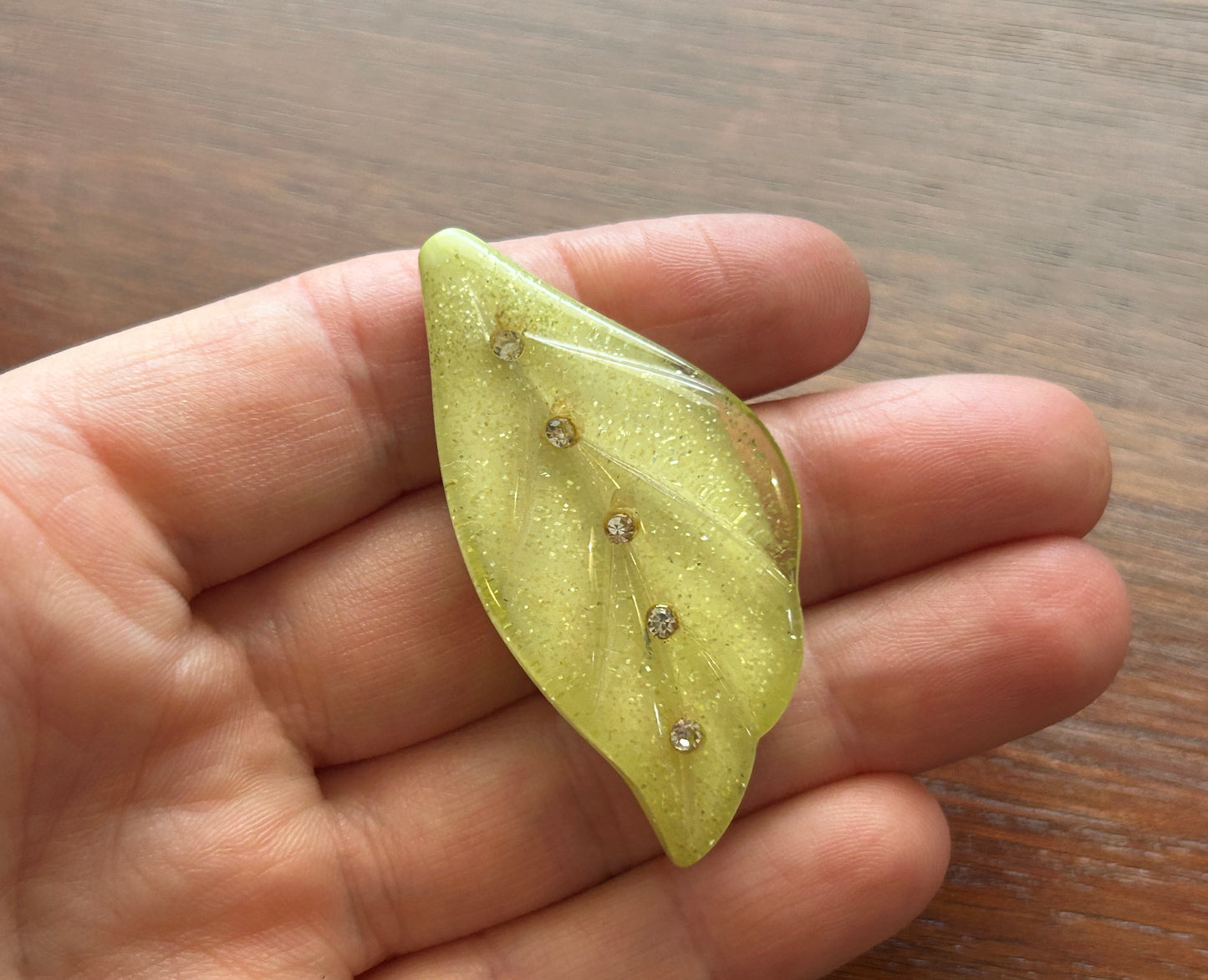 Vintage Lucite Light Green Glitter Rhinestone Leaf Pendant