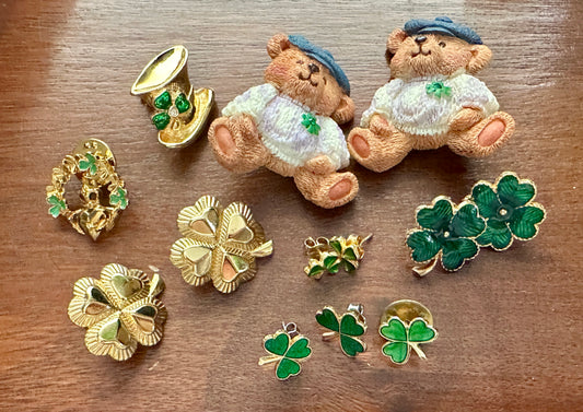 Vintage Lot of Irish Clover Theme Jewelry Brooch Earrings Pinbacks Lapel Pins