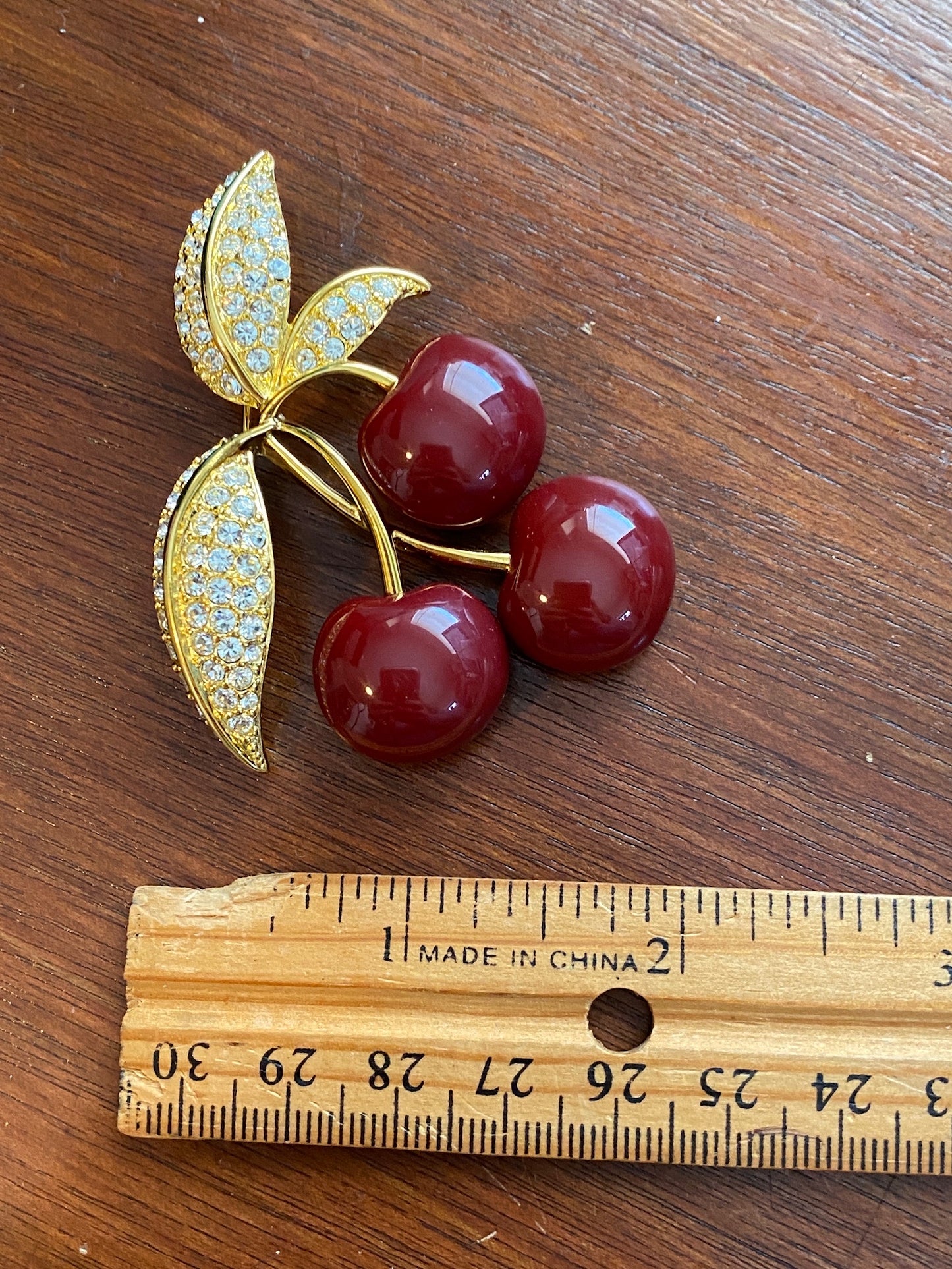 Joan Rivers Signed Gold Tone Rhinestone Cherry Cluster Brooch Pin