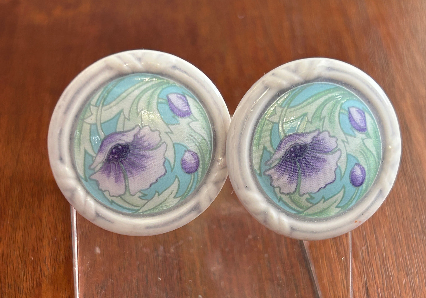 Vintage White Porcelain Hand Painted Purple Flower Round Pierced Earrings