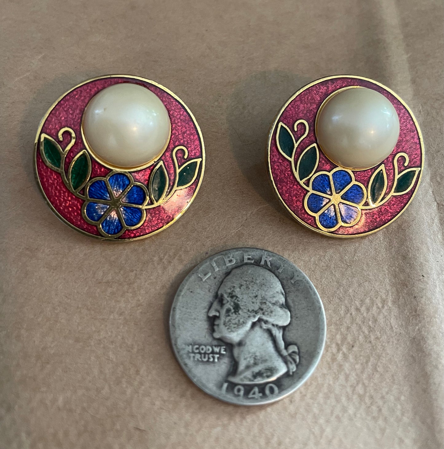 Vintage Gold Tone Cloisonne Flower Faux Pearl Pierced Earrings