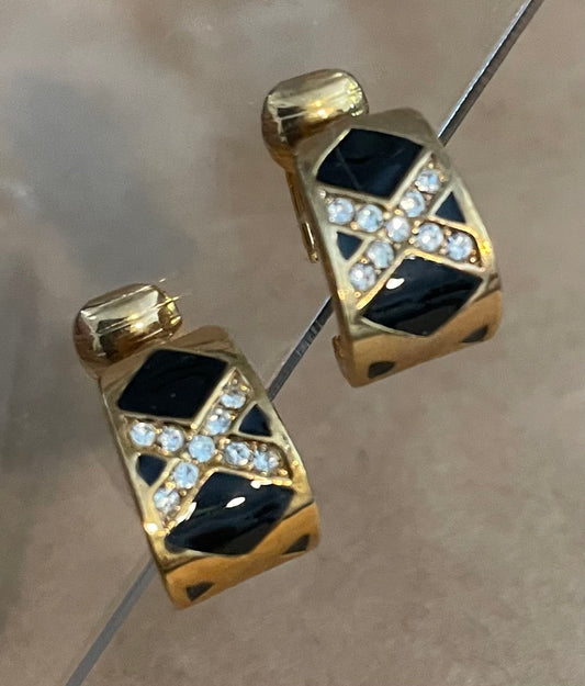 Vintage Avon Gold Tone Black Rhinestone X Clip on Earrings