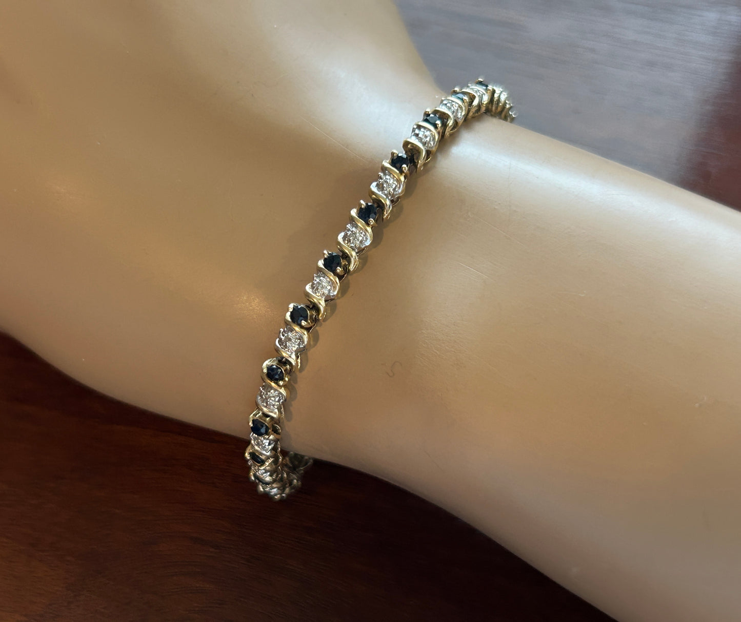 14k Yellow Gold Round Sapphire Diamond Tennis Bracelet 7.5" Long