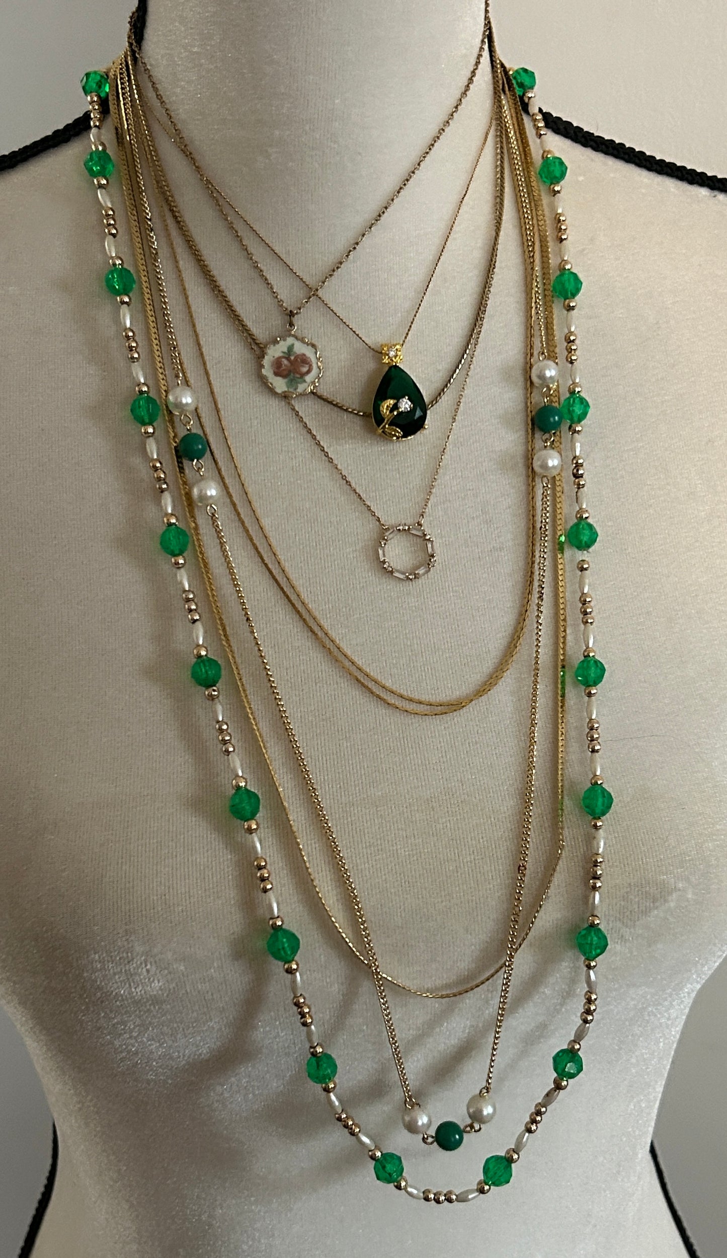 Vintage to Now Lot of Gold Tone Chain Green Bead Stone Necklaces