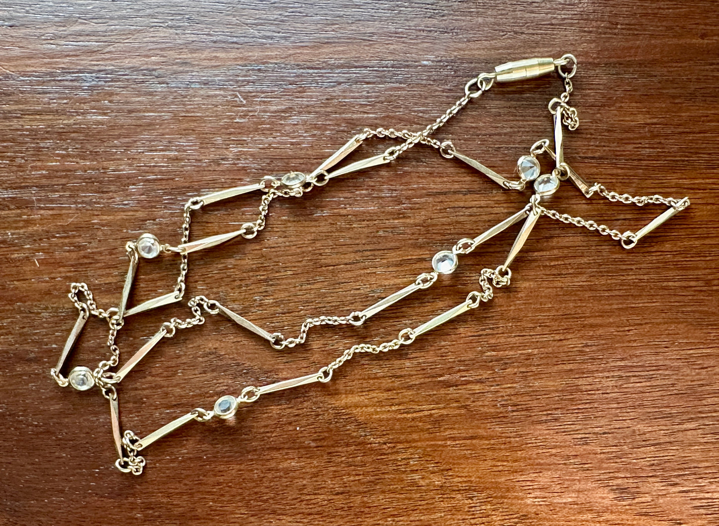 Gold Tone Open Bezel Clear Glass Stone Chain Link Necklace 23" Long