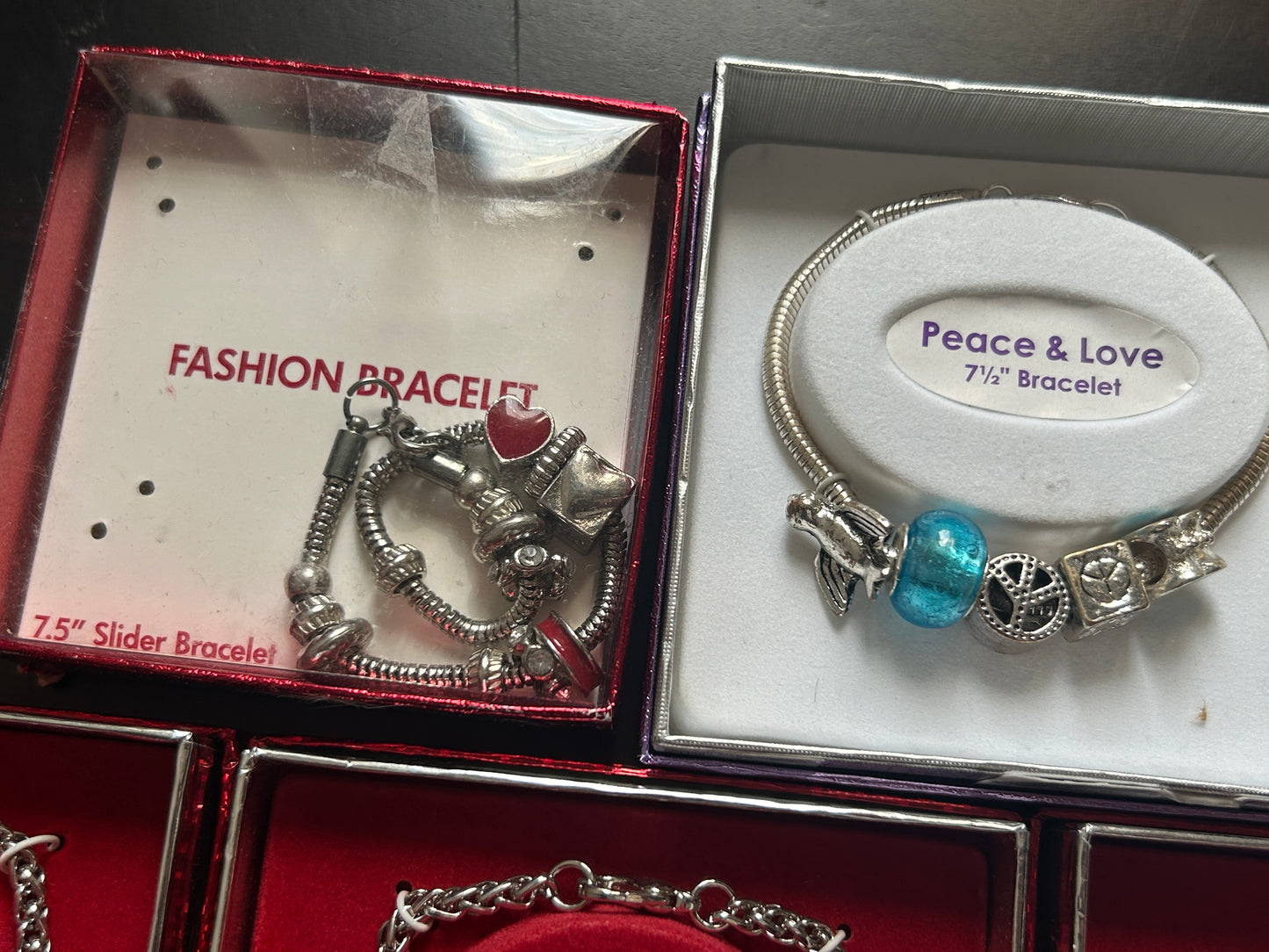 Lot of 5 in Box Slide Charm Bracelets Silver Tone Peace Cats Love Hearts