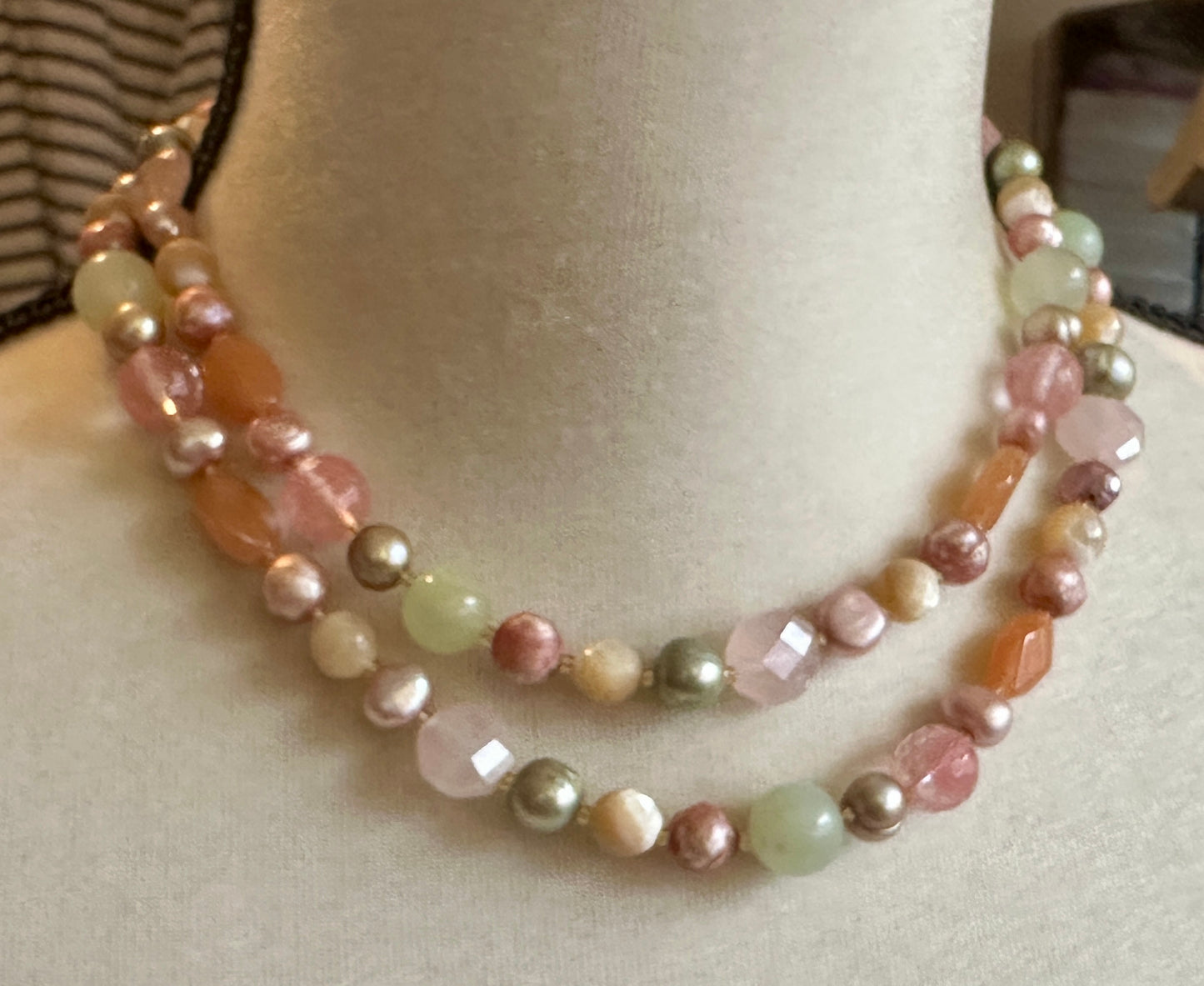 Sterling Silver 925 Real Pearl Faceted Bead Multistrand Necklace