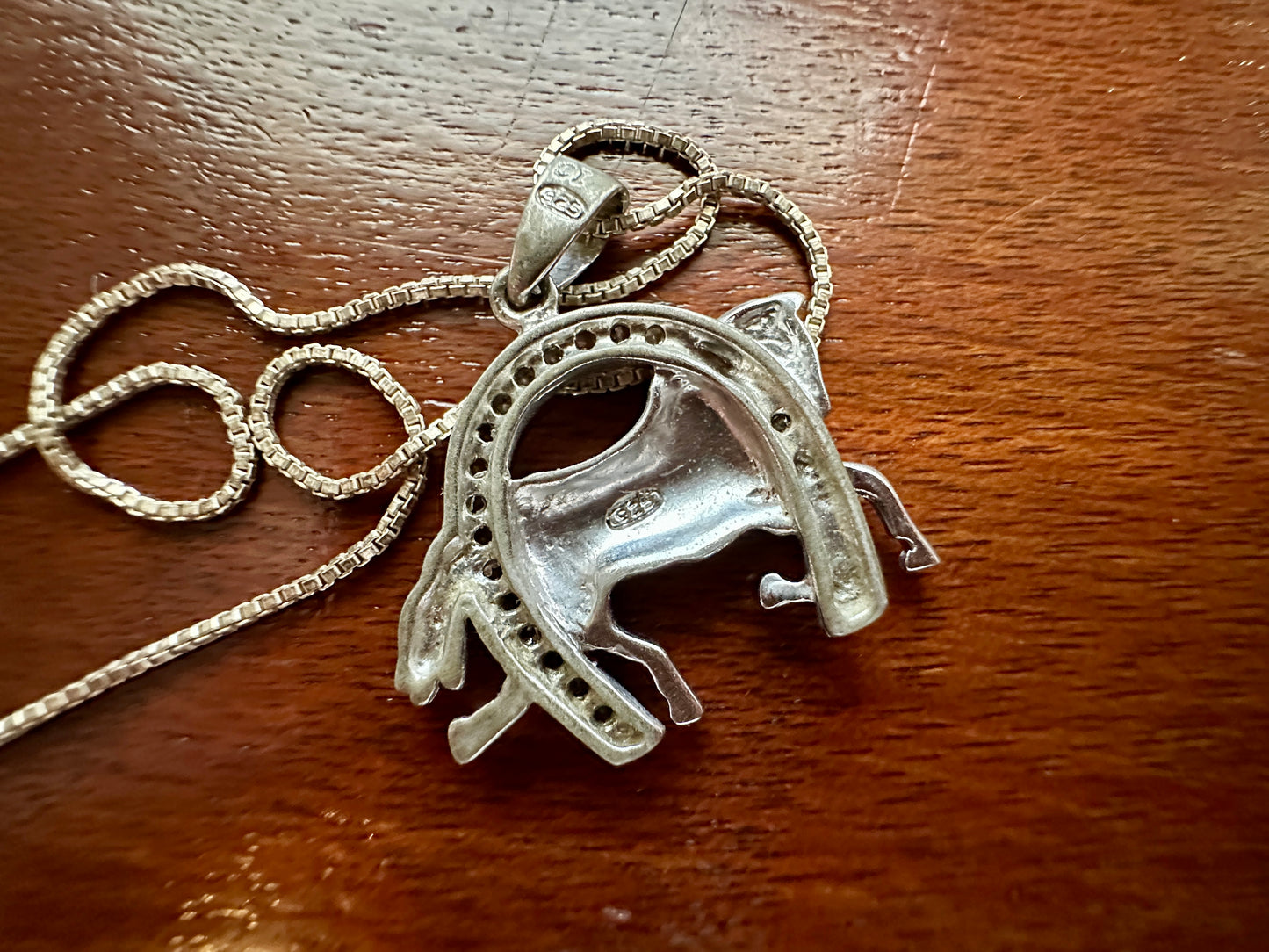 Sterling Silver 925 Box Chain Horse Horseshoe Cubic Zirconia Pendant Necklace