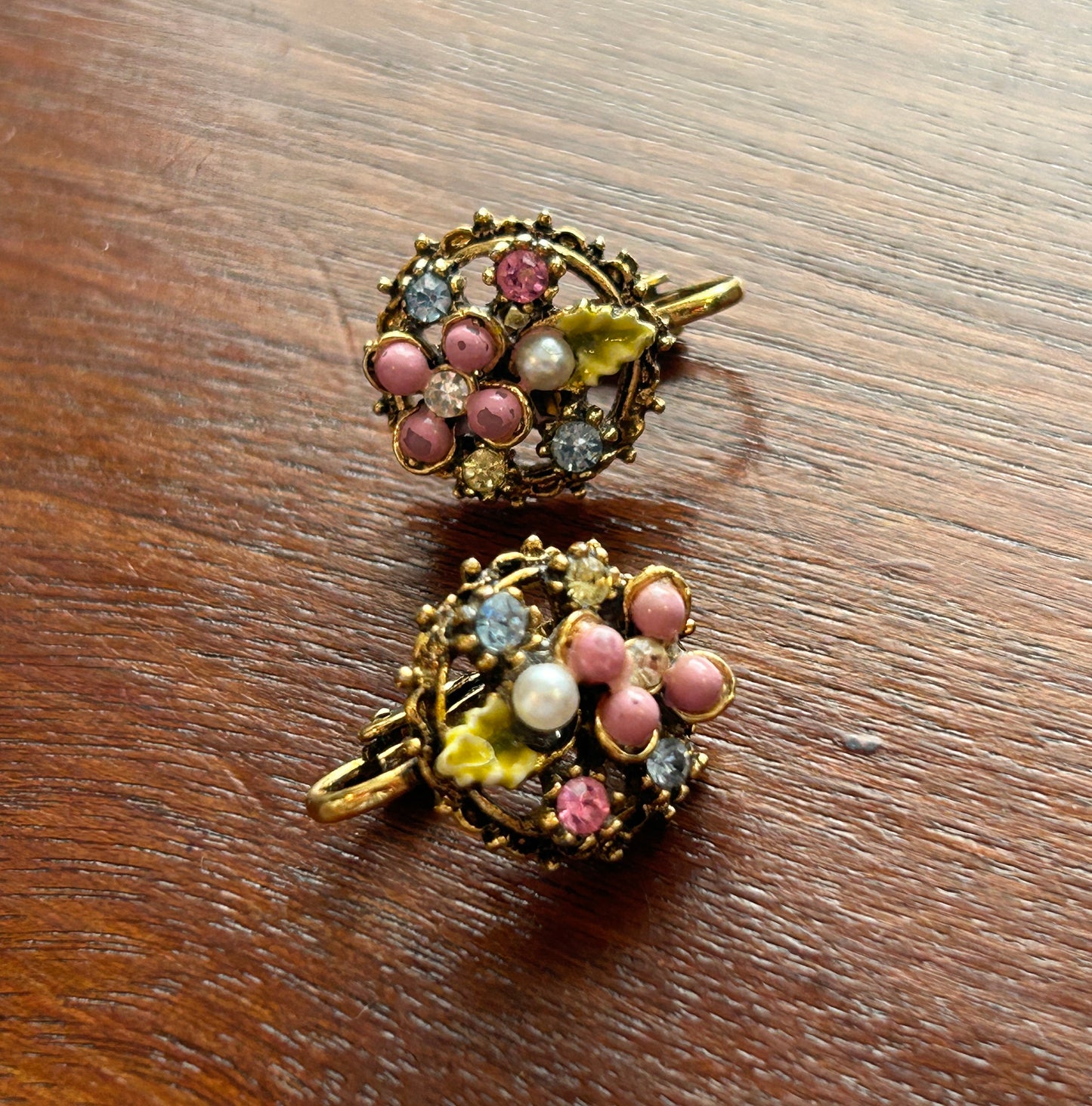 Vintage Multicolor Blue Pink Rhinestone Flower Clip On Earrings