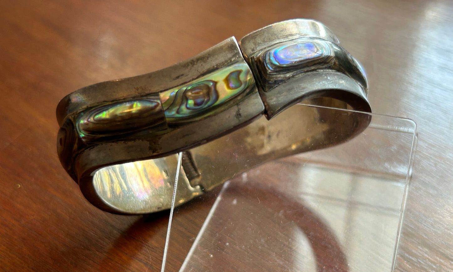 Heavy Sterling Silver 925 Abalone Inlay Clamper Bracelet