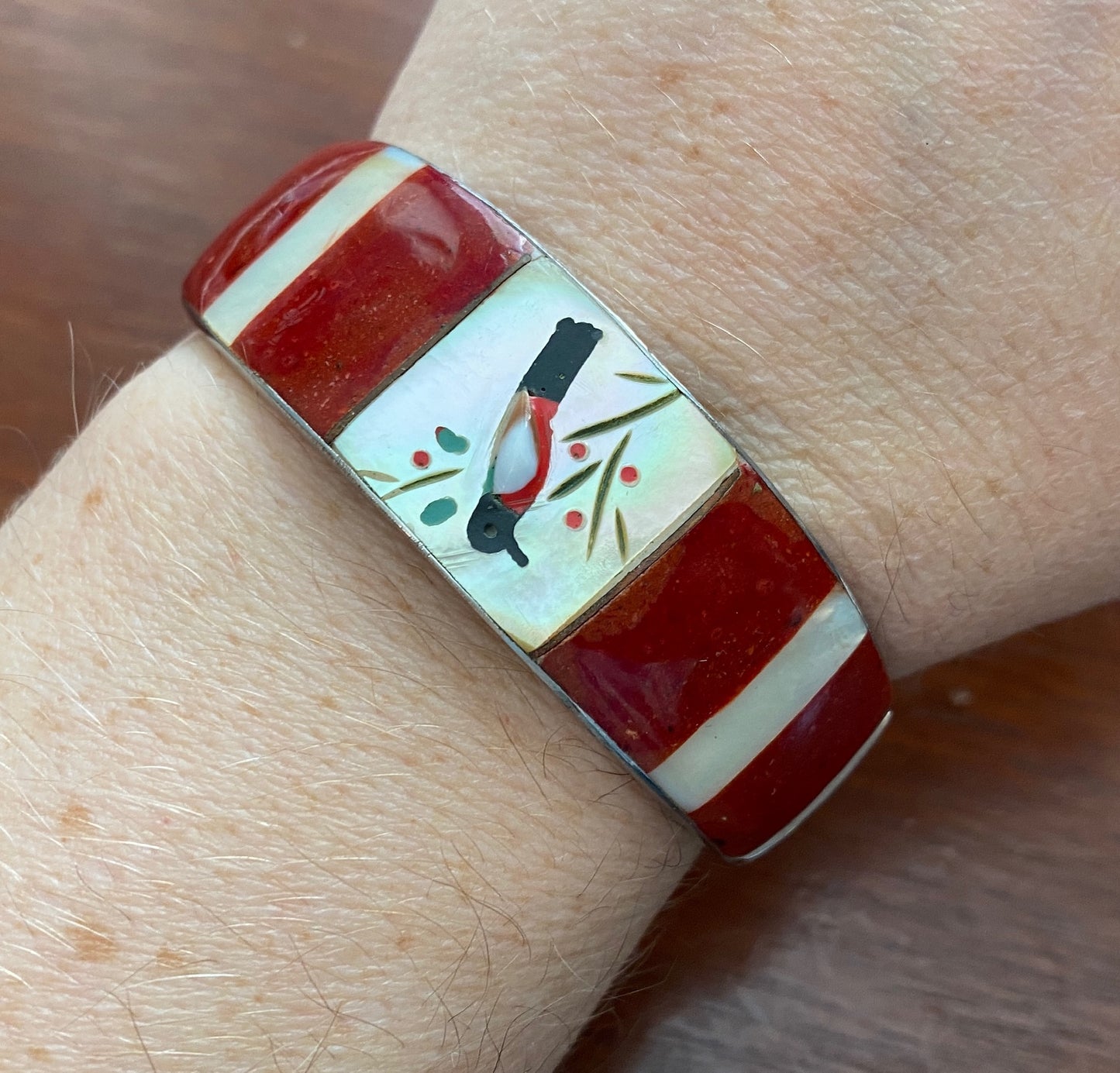 Sterling Silver 925 Red Enamel Mother of Pearl Cardinal Cuff Bracelet