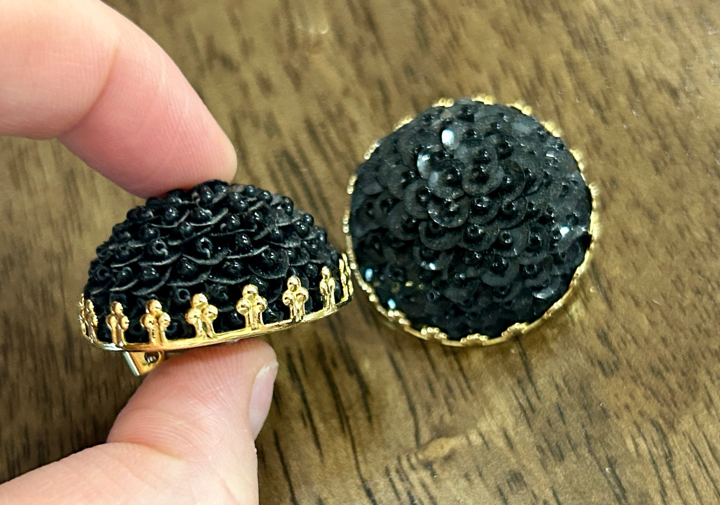 Vintage Gold Tone Domed Black Sequin Large Clip On Earrings