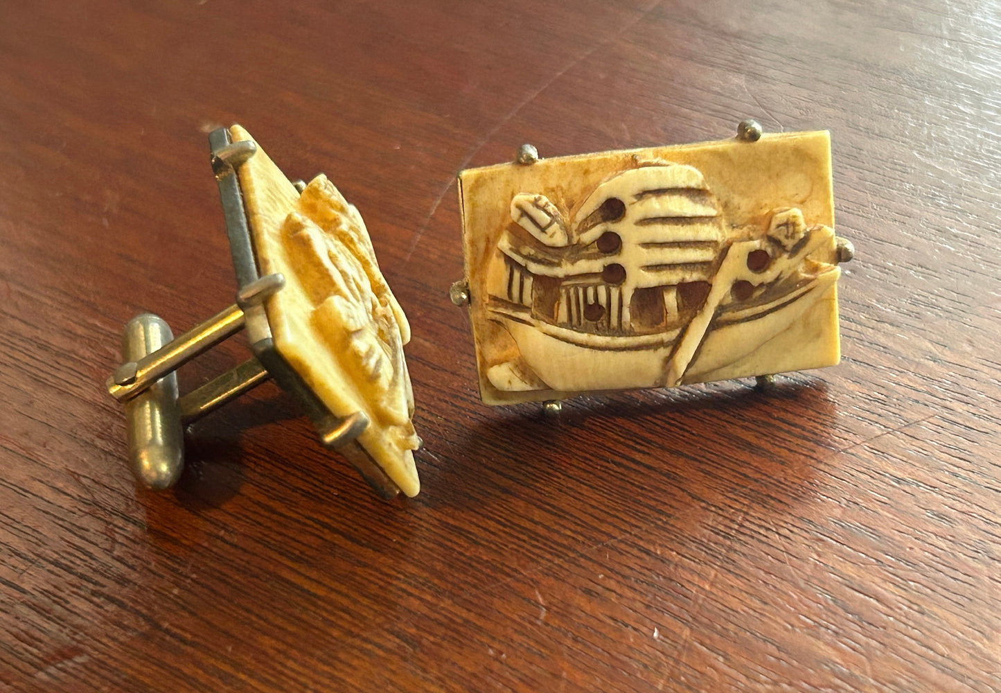Vintage Midcentury Swank Carved Boat Cuff Links Gold Tone MCM