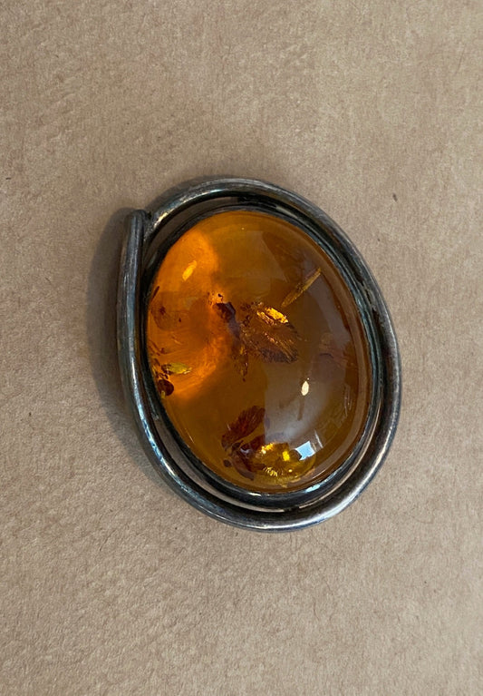 Sterling Silver 925 Amber Cabochon Necklace Pendant Brooch Pin