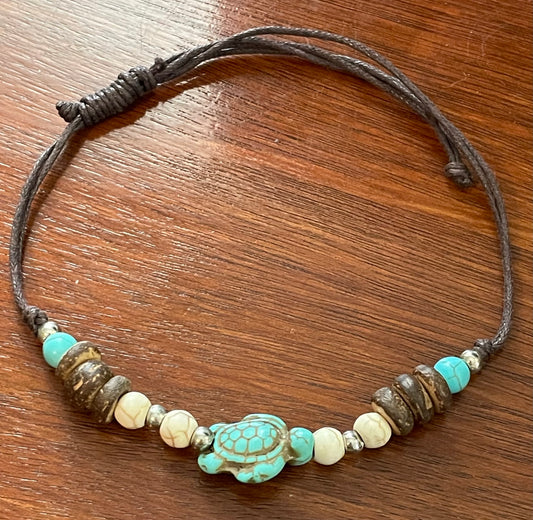 Leather Cord Howlite Wood Faux Turquoise Turtle Bracelet