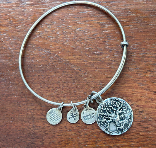 Alex and Ani Signed Tree Charm Silver Tone Bangle Bracelet