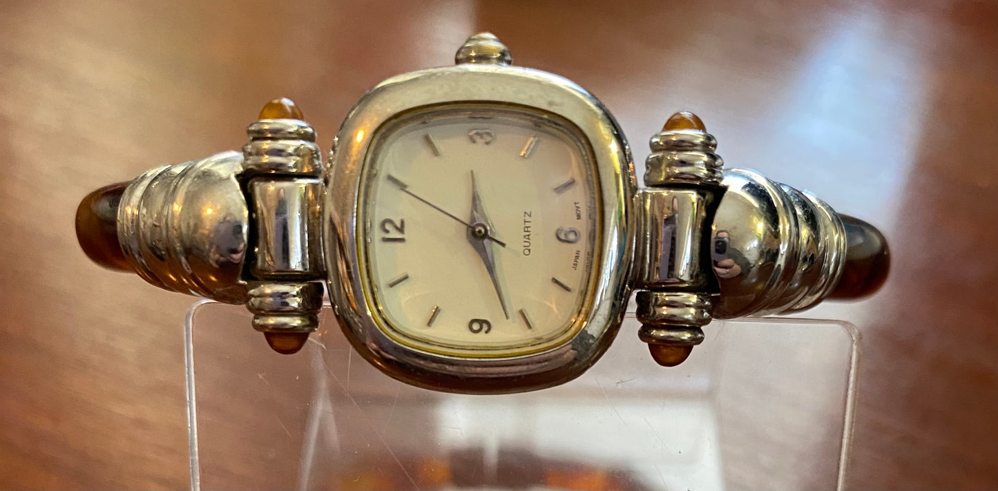 Vintage Quartz Womans Clamper Silver Tone Faux Amber Wristwatch