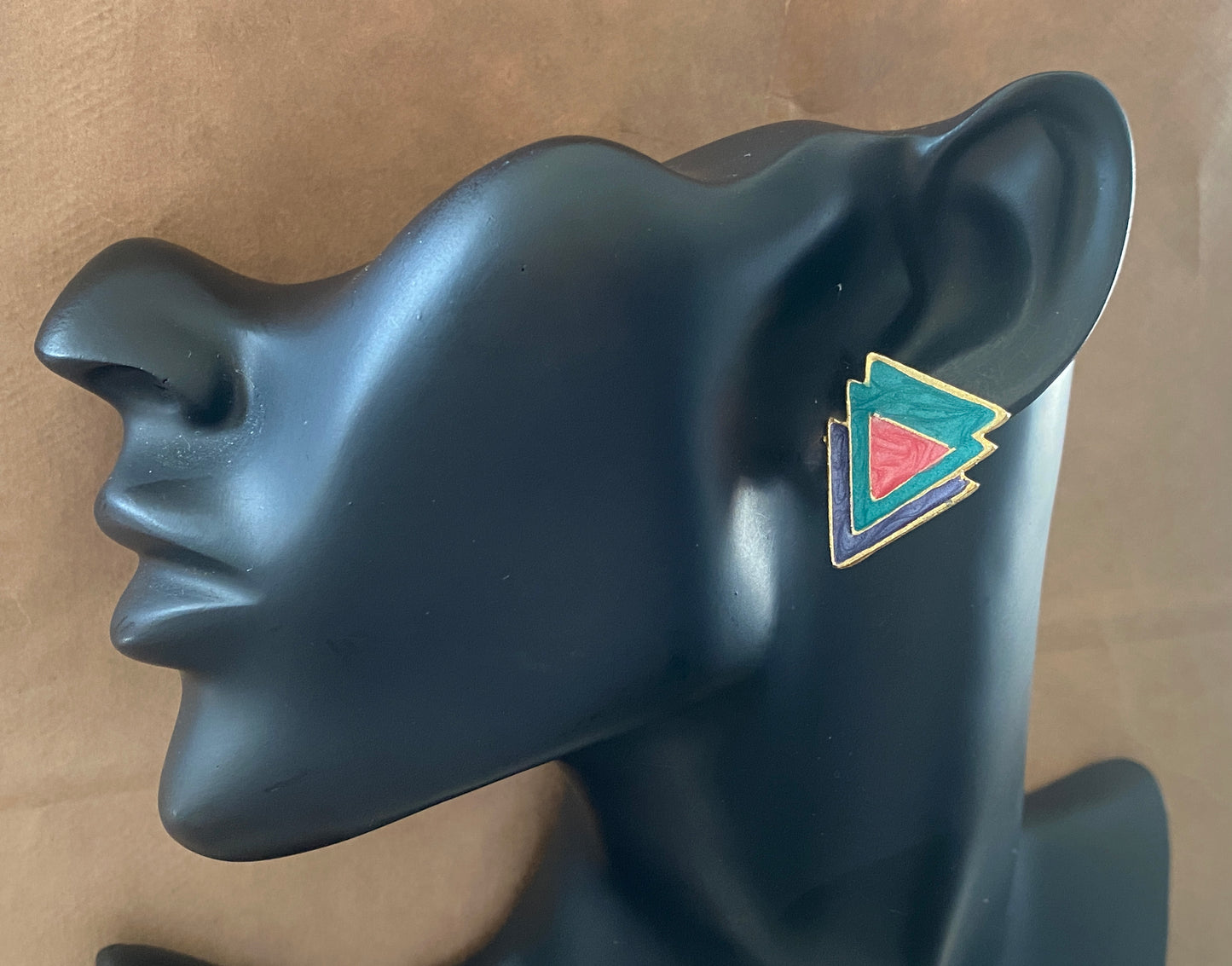 Vintage Gold Tone 80's Modern Purple Pink Blue Enamel Pierced Earrings