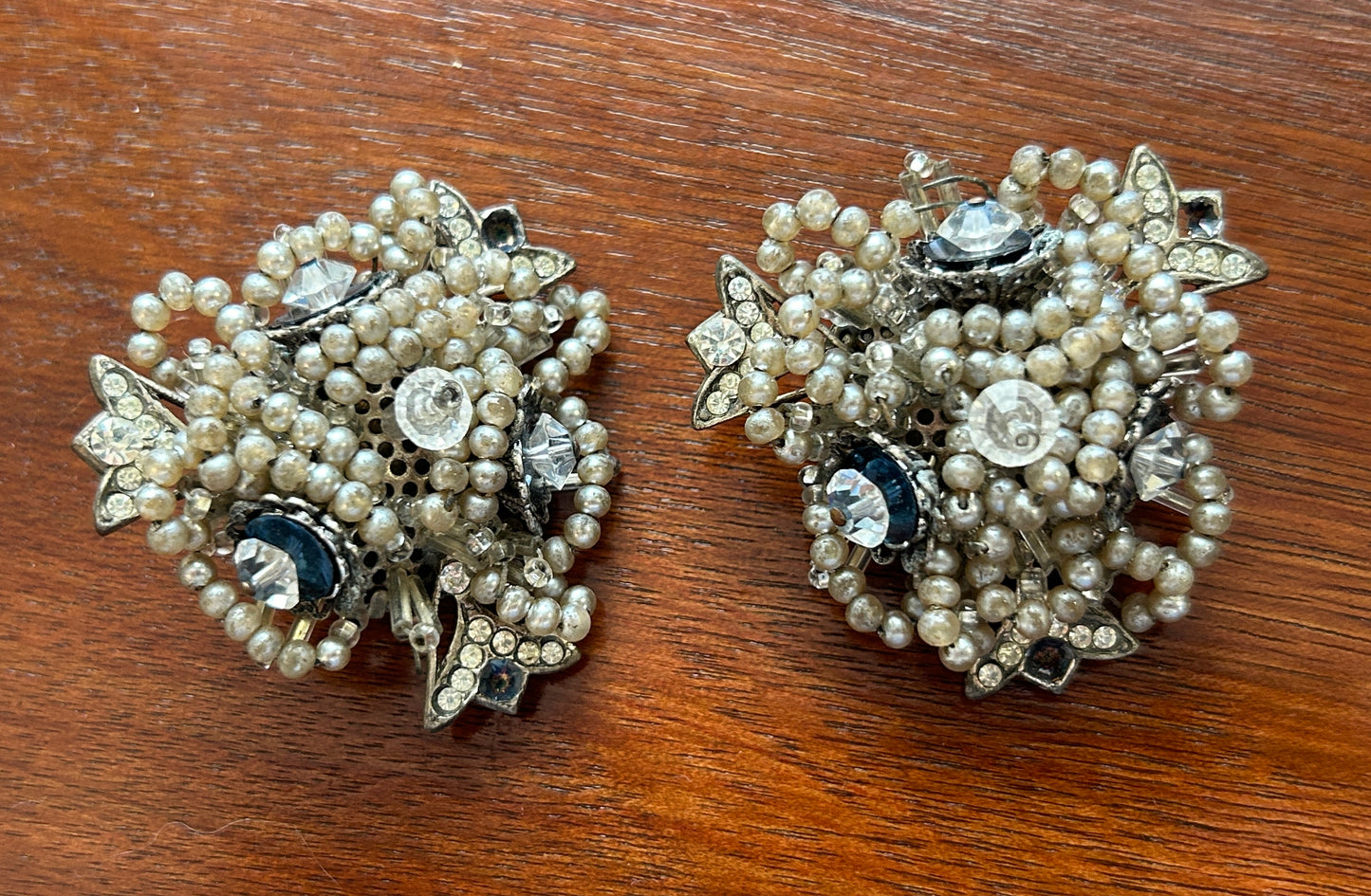 Vintage Rhinestone Beaded Silver Grey Over Sized Clip On Earrings