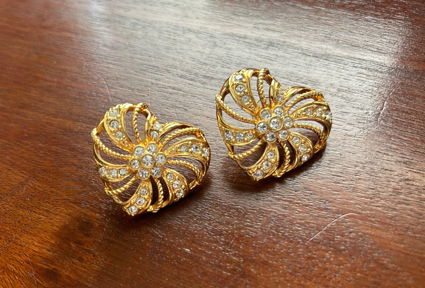 Vintage Large Avon Gold Tone Rhinestone Heart Shaped Open Work Pierced Earrings