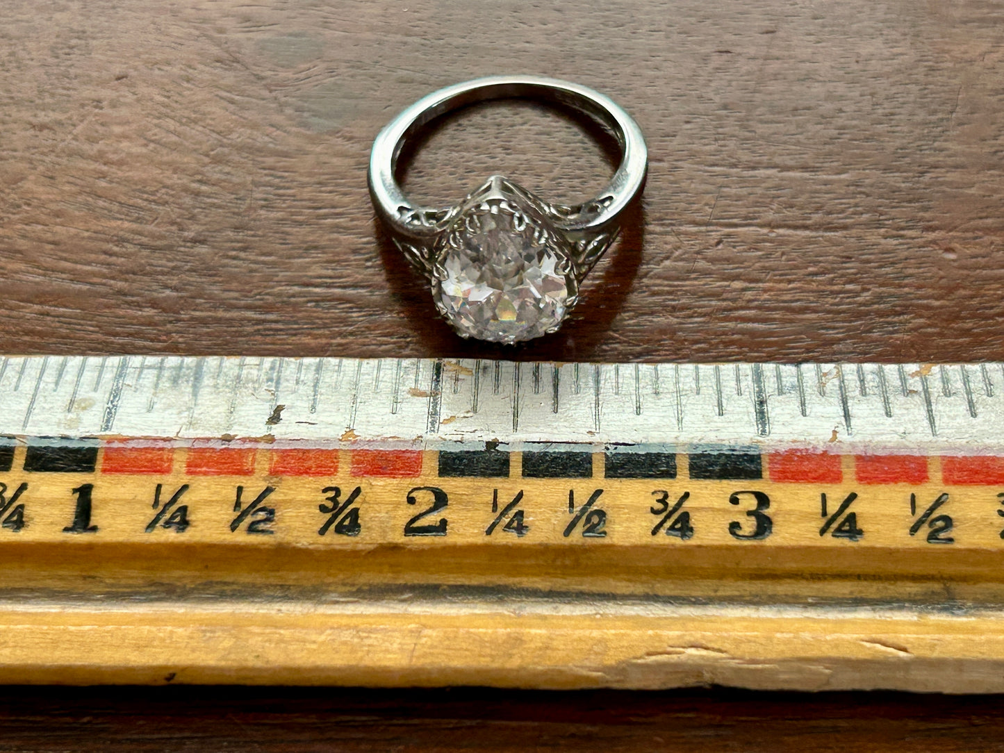 Rhodium Plate Sterling Silver 925 Large Faceted Pear Shaped CZ Ring Sz 9.75