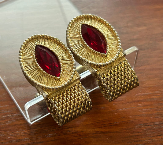 Vintage Swank Gold Tone Marquise Red Rhinestone Mesh Cufflinks