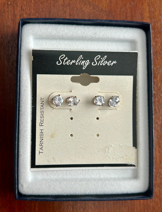 Sterling Silver 925 Round Marquise CZ Stud Pierced Earrings Set