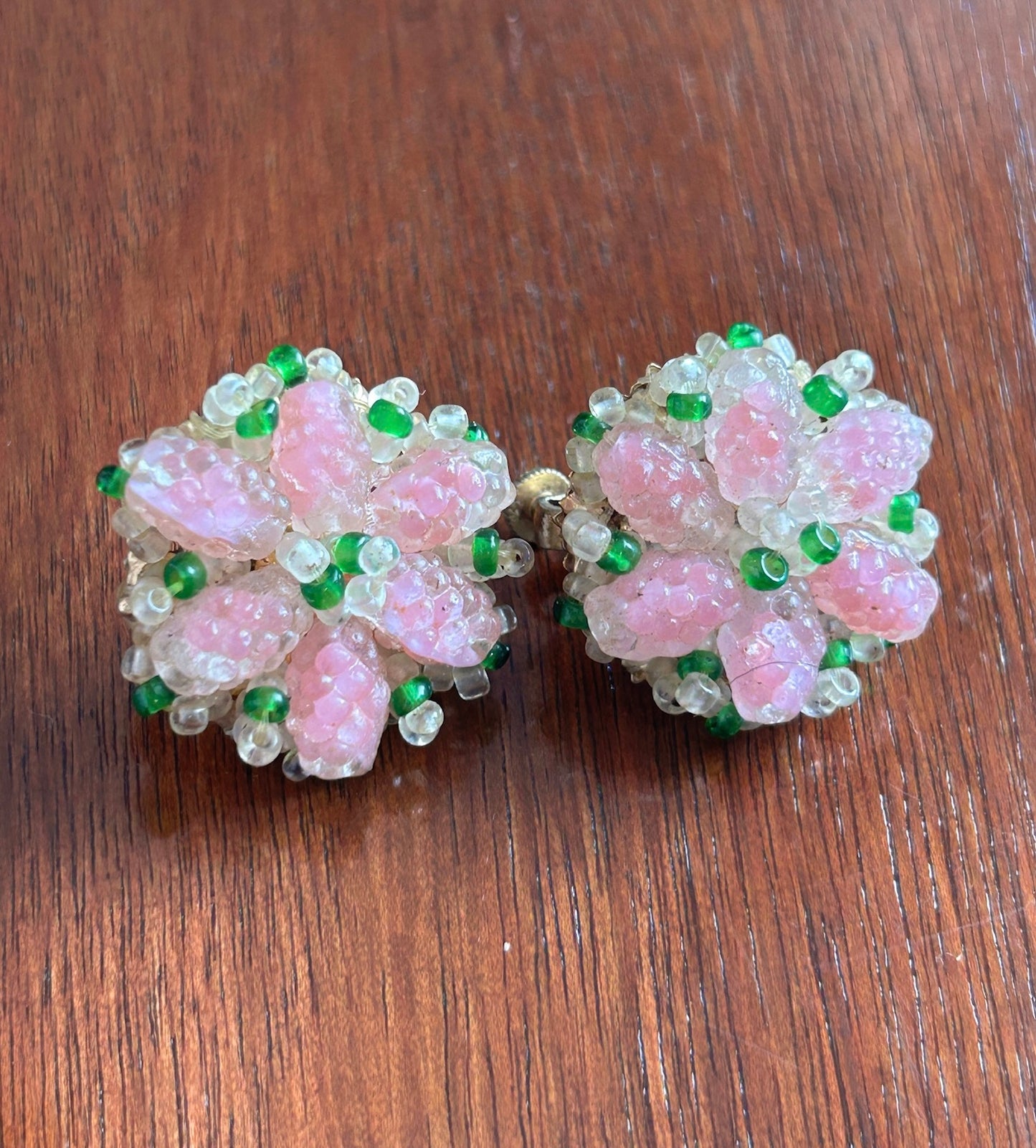 Vintage Signed Vendome Pastel Beaded Cluster Clip on Earrings