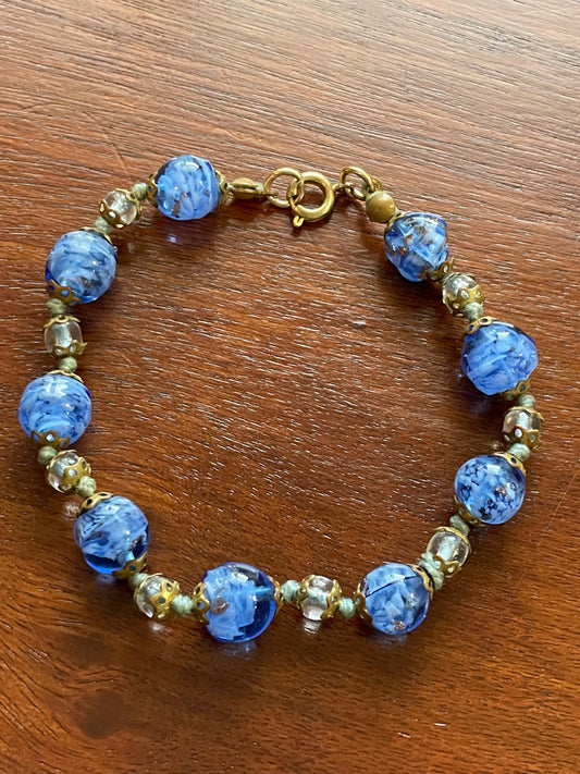 Vintage Art Glass Bead Blue Clear Bracelet