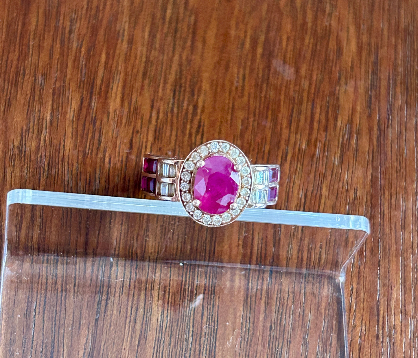 14k Rose Gold Oval Cut Red Ruby Diamond Halo Ring Sz 6