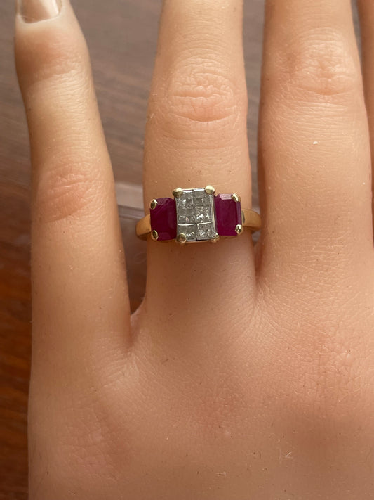 14k Yellow Gold Princess Cut Diamond & Ruby Engagement Ring Sz 4.5