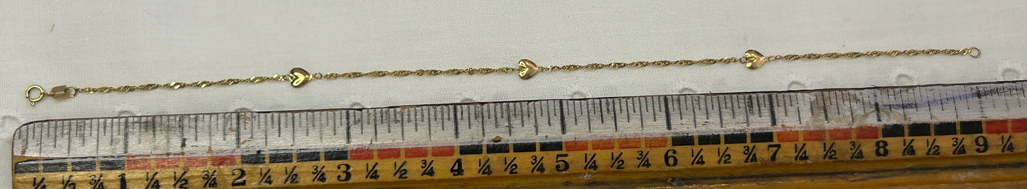 14k Yellow Gold Heart Chain Anklet Ankle Bracelet 9" Long