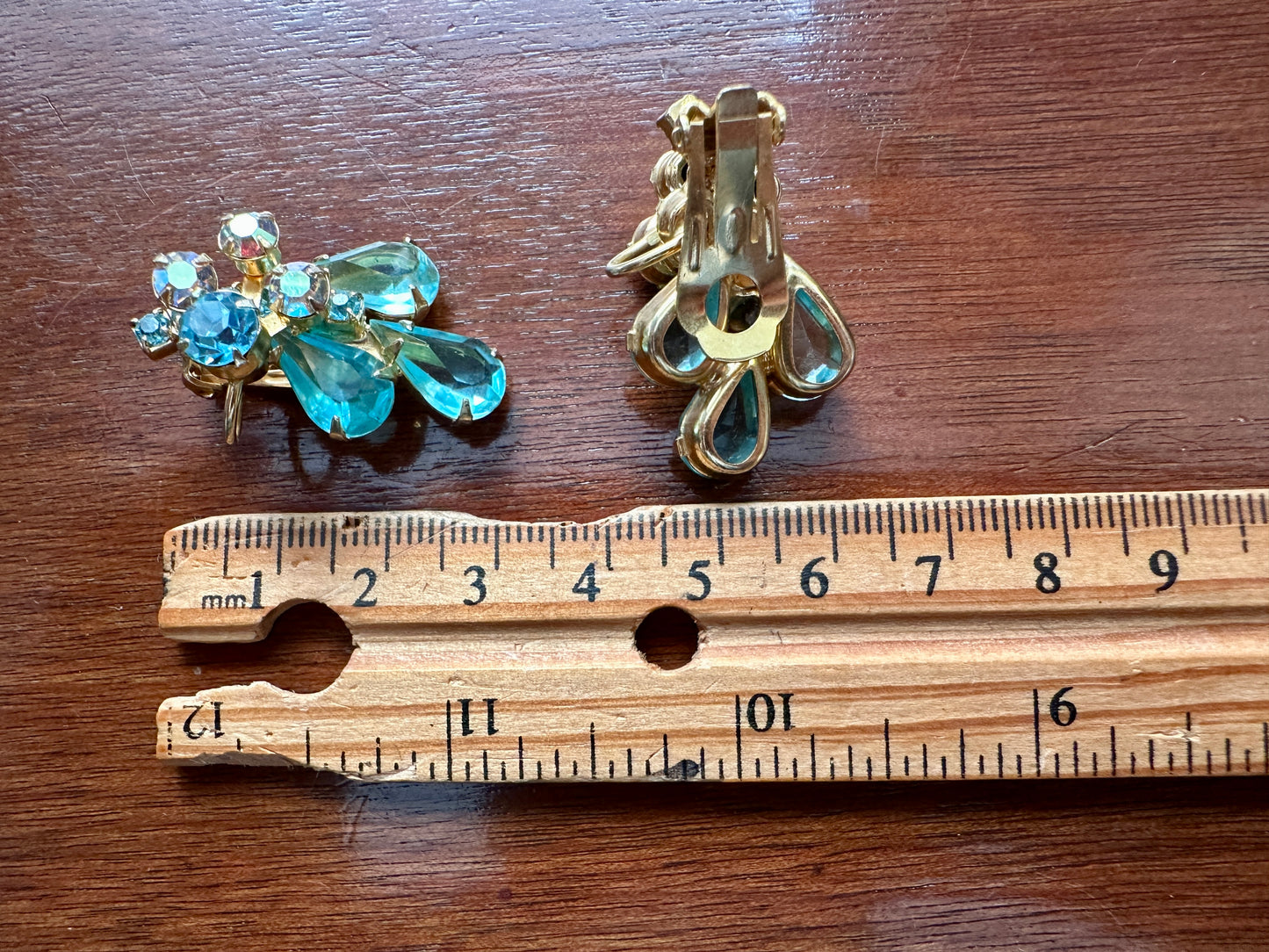 Vintage Pale Blue AB Aurora Borealis Rhinestone Gold Tone Clip on Earrings