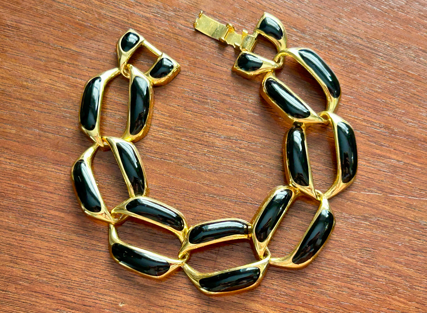 Vintage Gold Tone Black Enamel Chunky Chain Link Bracelet