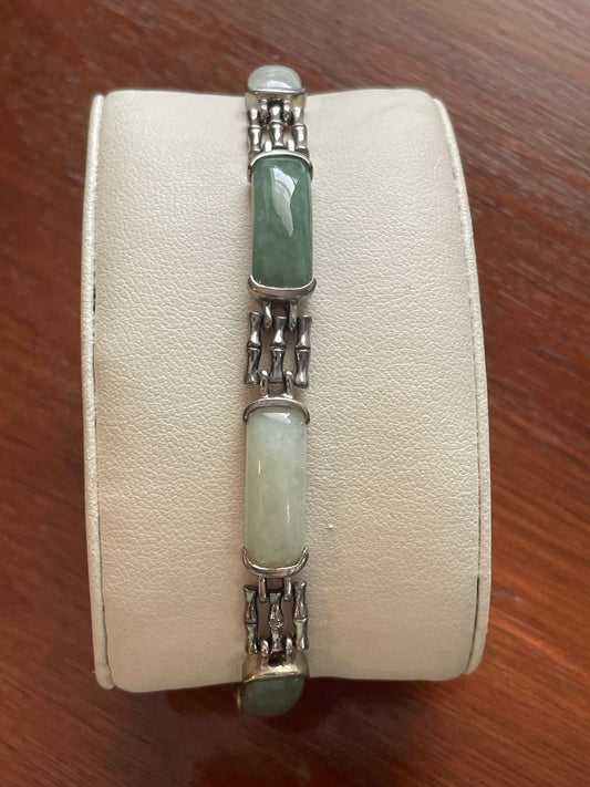 Vintage Sterling Silver 925 & Two Tone Jade Panel Bracelet Bambo Design