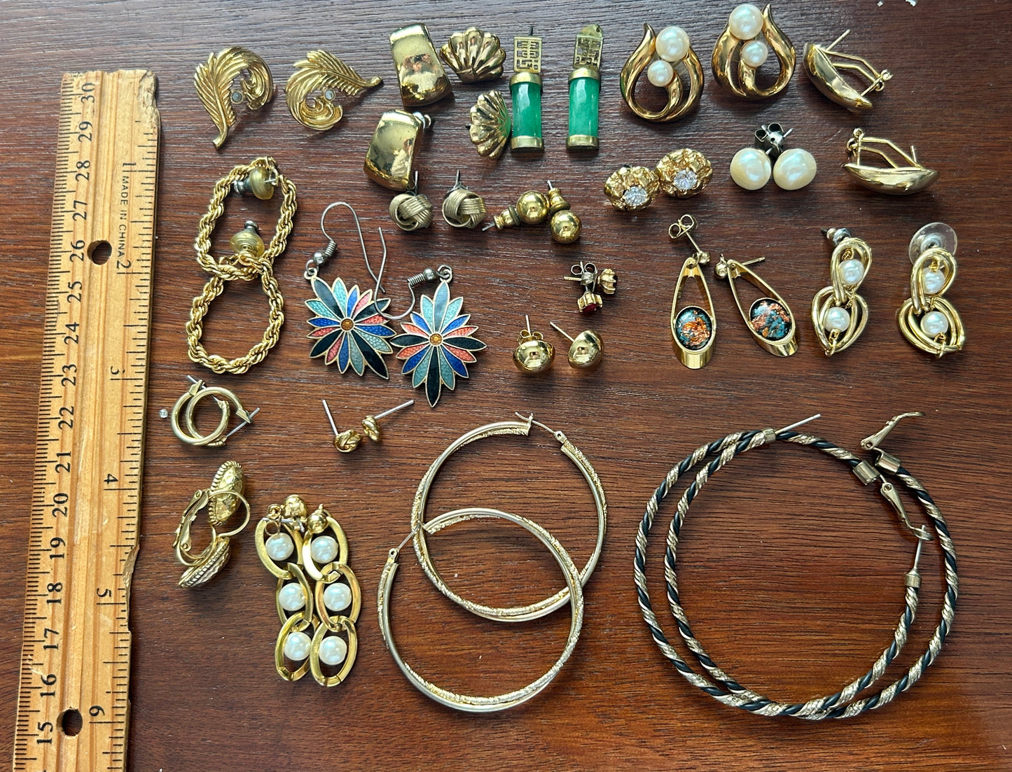 Lot of Vintage Pierced Earrings Gold Tone Faux Pearl Opal Hoops Rhinestone