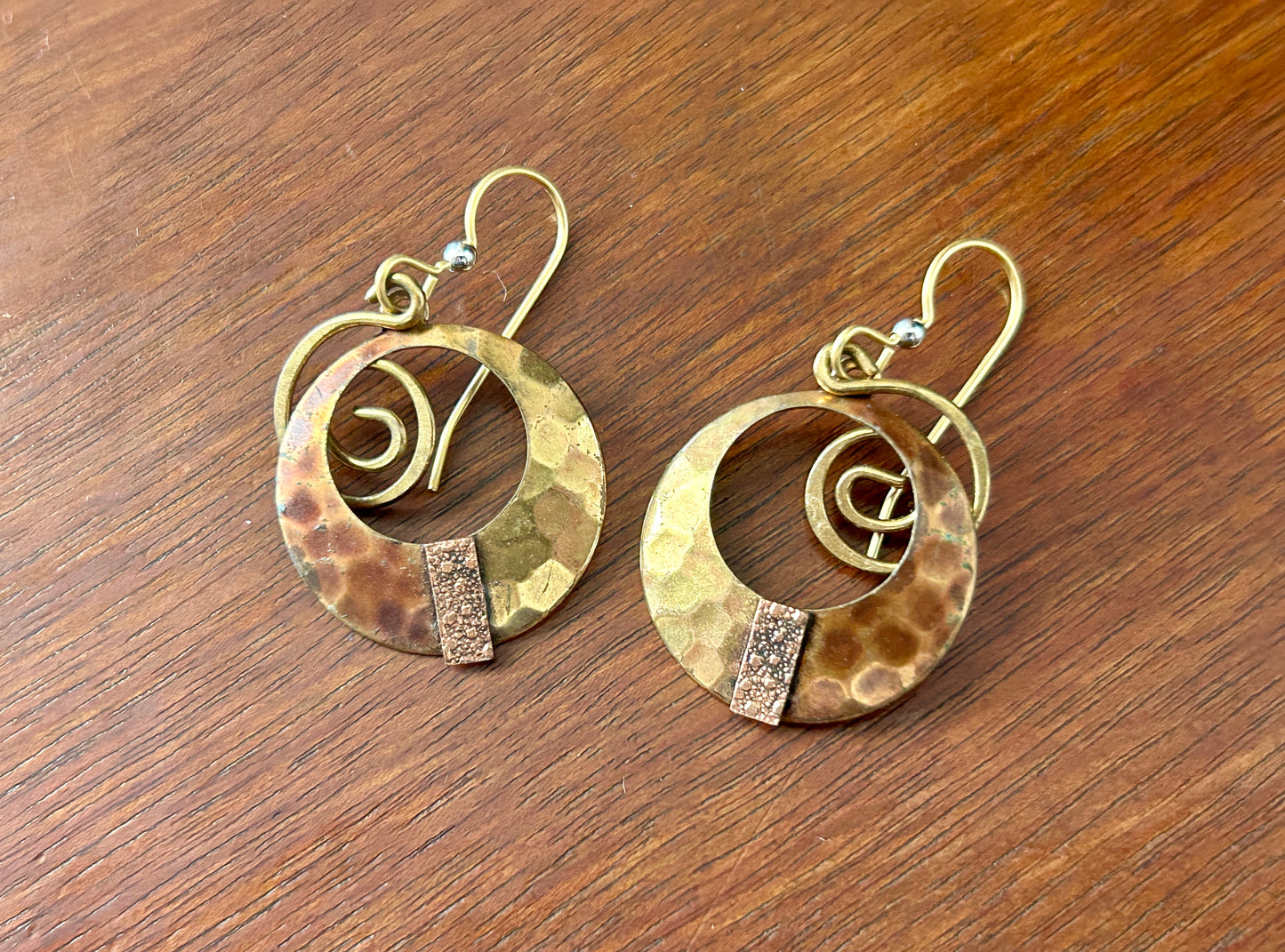 Contemporary Modern Brass Copper Silver Tone Hammered Dangly Wire Earrings