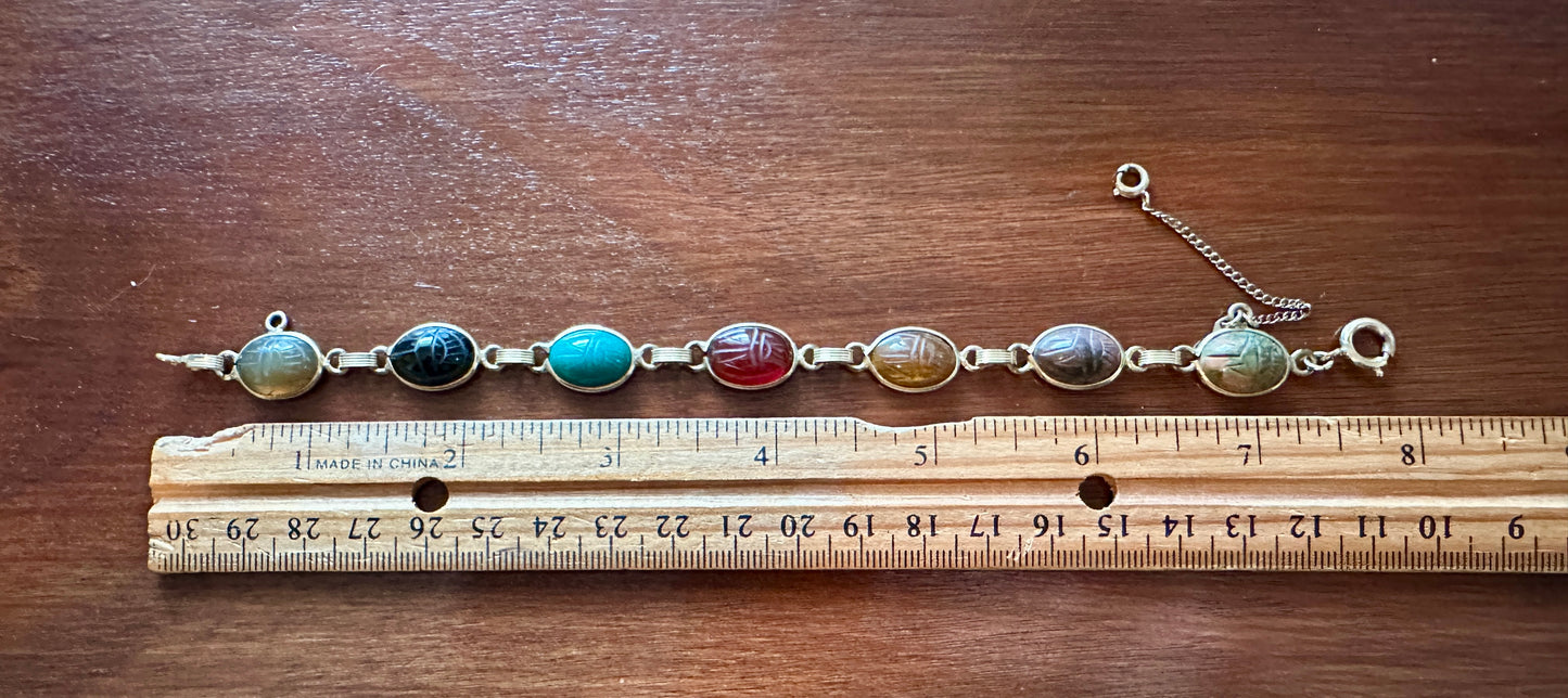 Vintage Signed Burt Cassell 12k Gold Filled Scarab Gemstone Bracelet