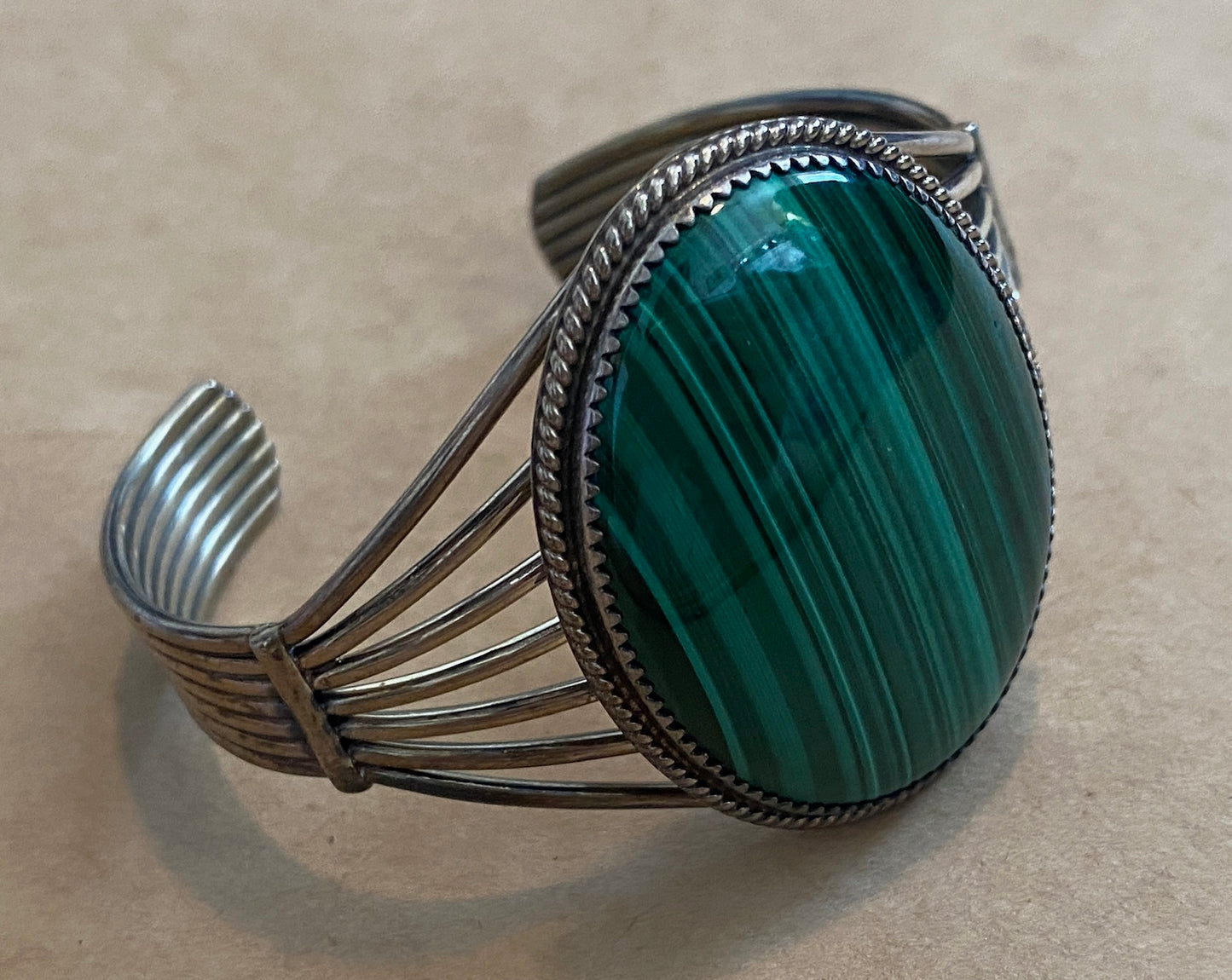 Sterling Silver 925 Large Green Malachite Cabochon Cuff Bracelet