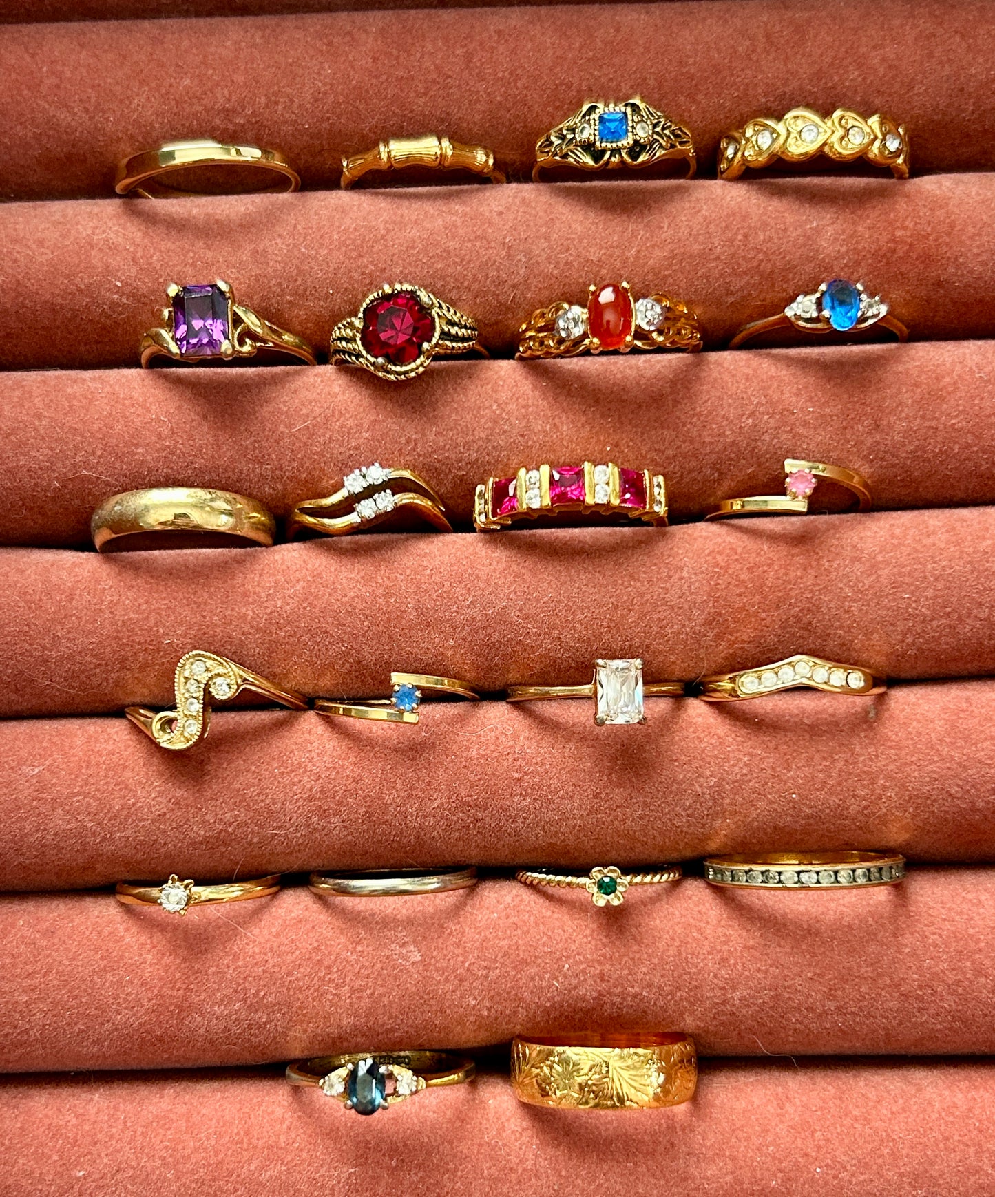 Vintage to Now Ring Lot Cocktail Avon Rhinestone Gold Tone Bands Rings CZ Heart