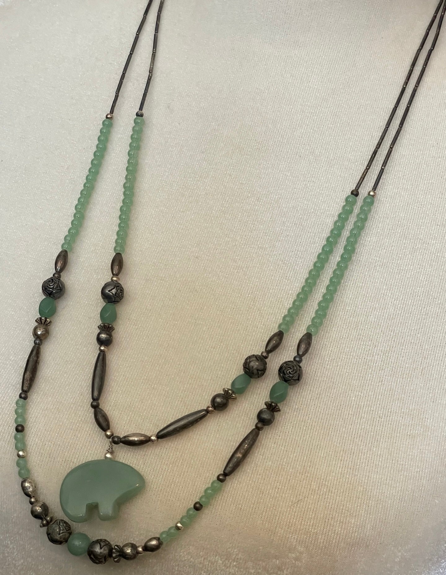 Jade Carved Bear Beaded Necklace Silver Two Strands