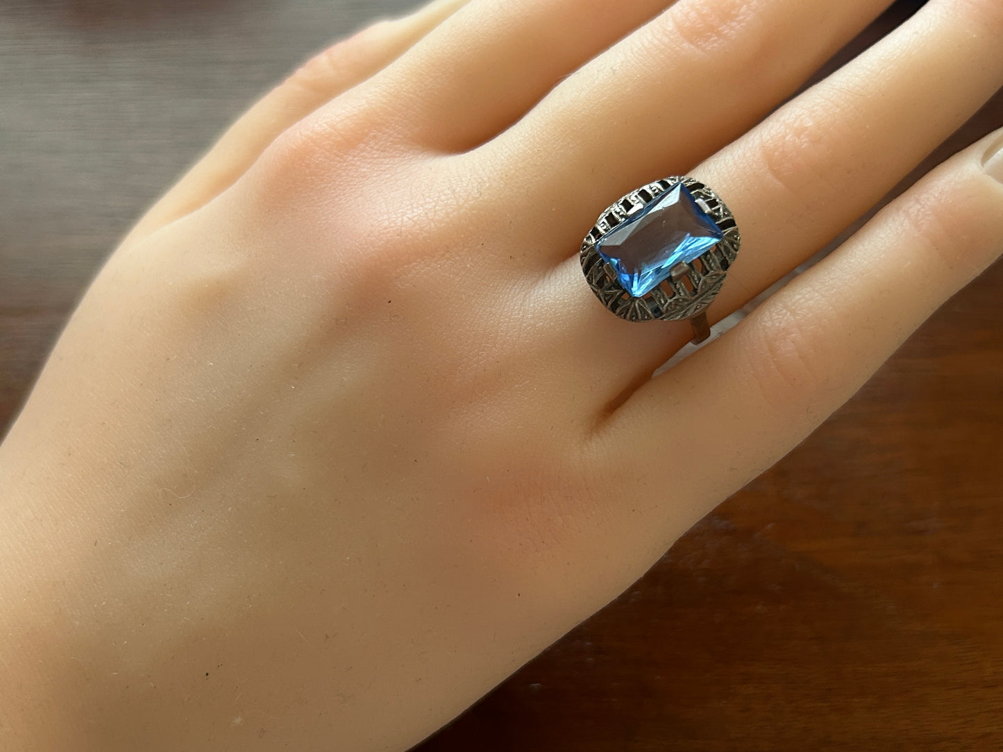 Art Deco Style Blue Glass 835 Silver Ring Sz 6.25