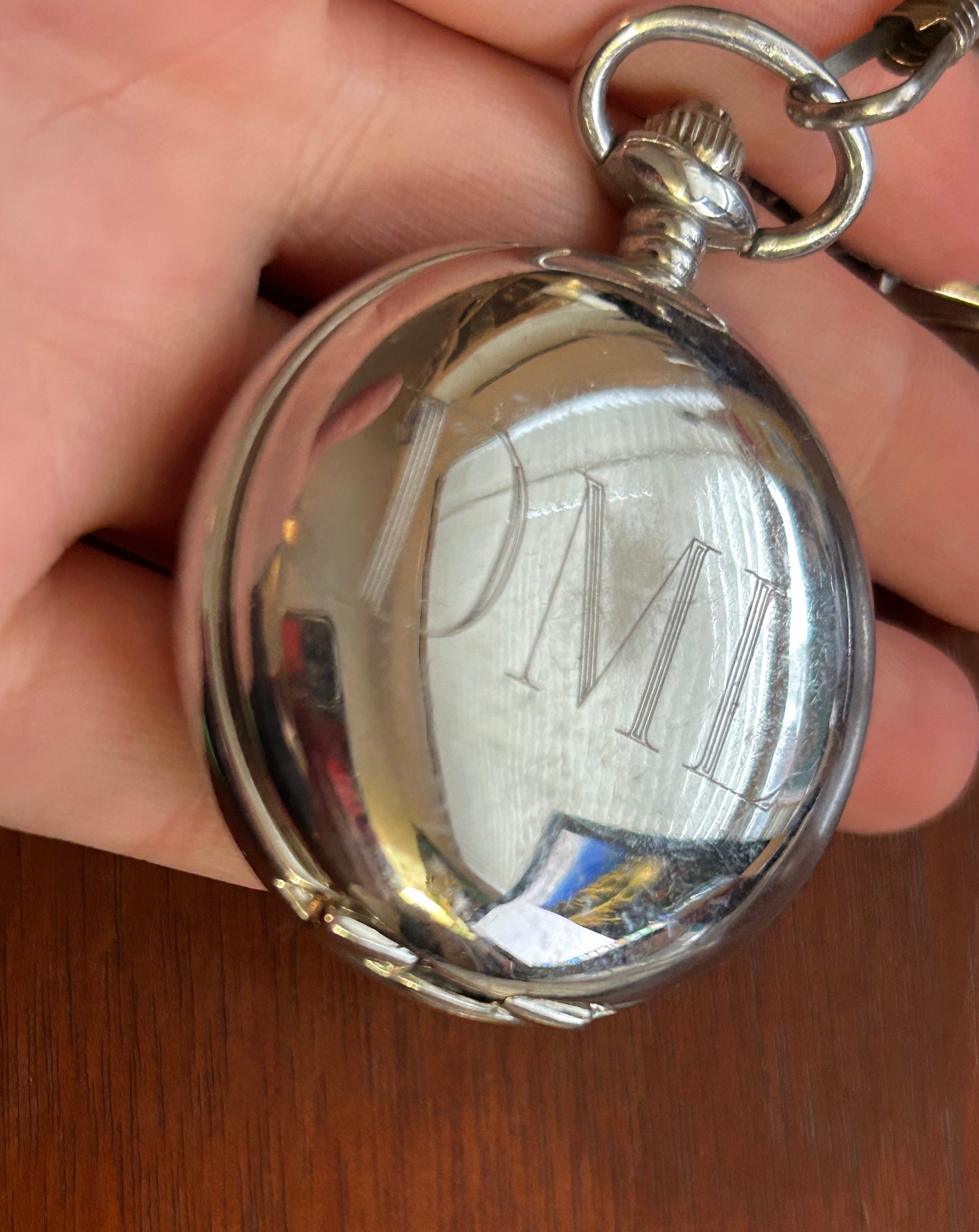 Silver Tone Alpine Quartz Pocket Watch with Chain Monogram DML