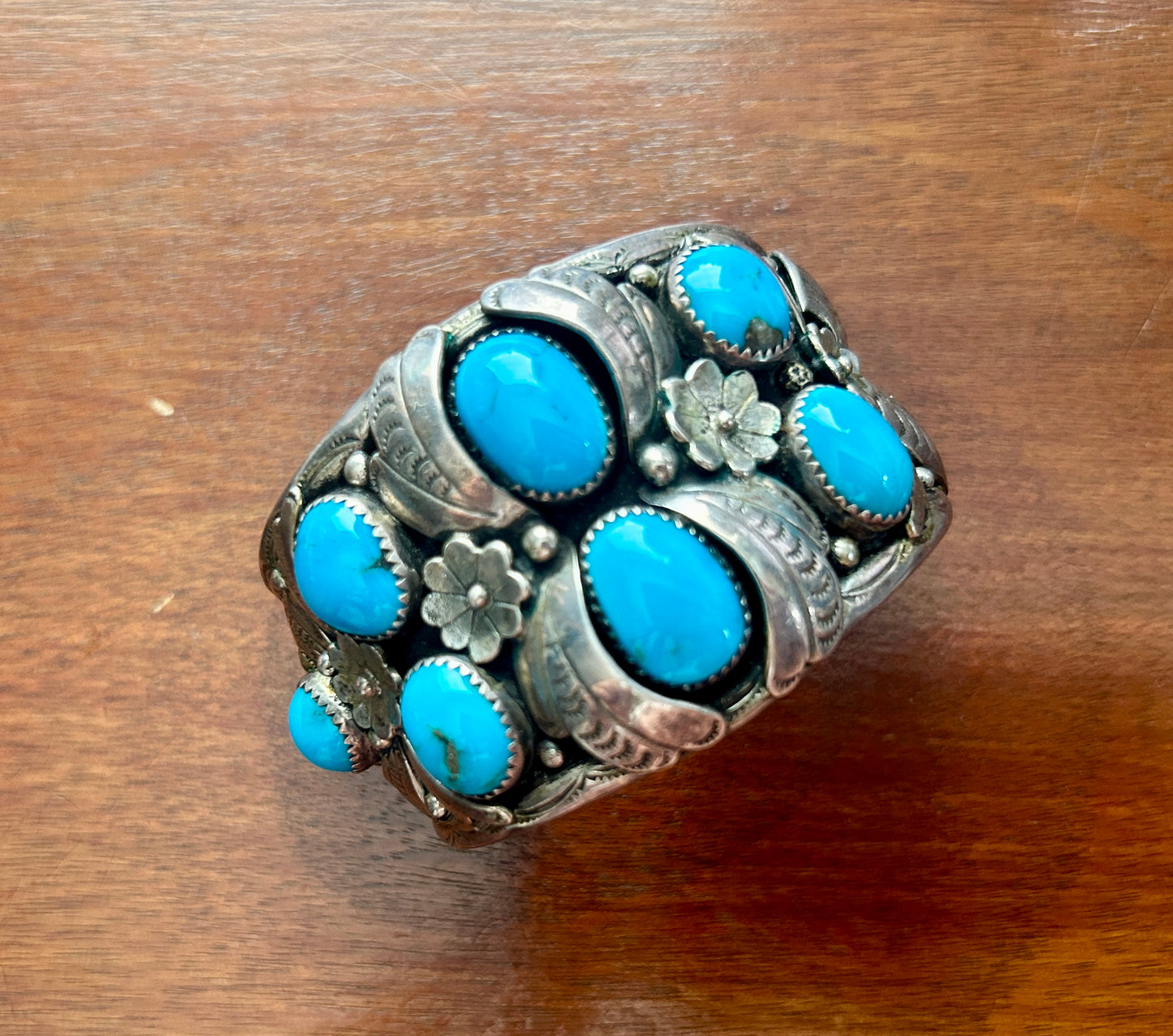 Vintage Old Pawn Lester Jackson Signed Sterling Silver Turquoise Cuff Bracelet