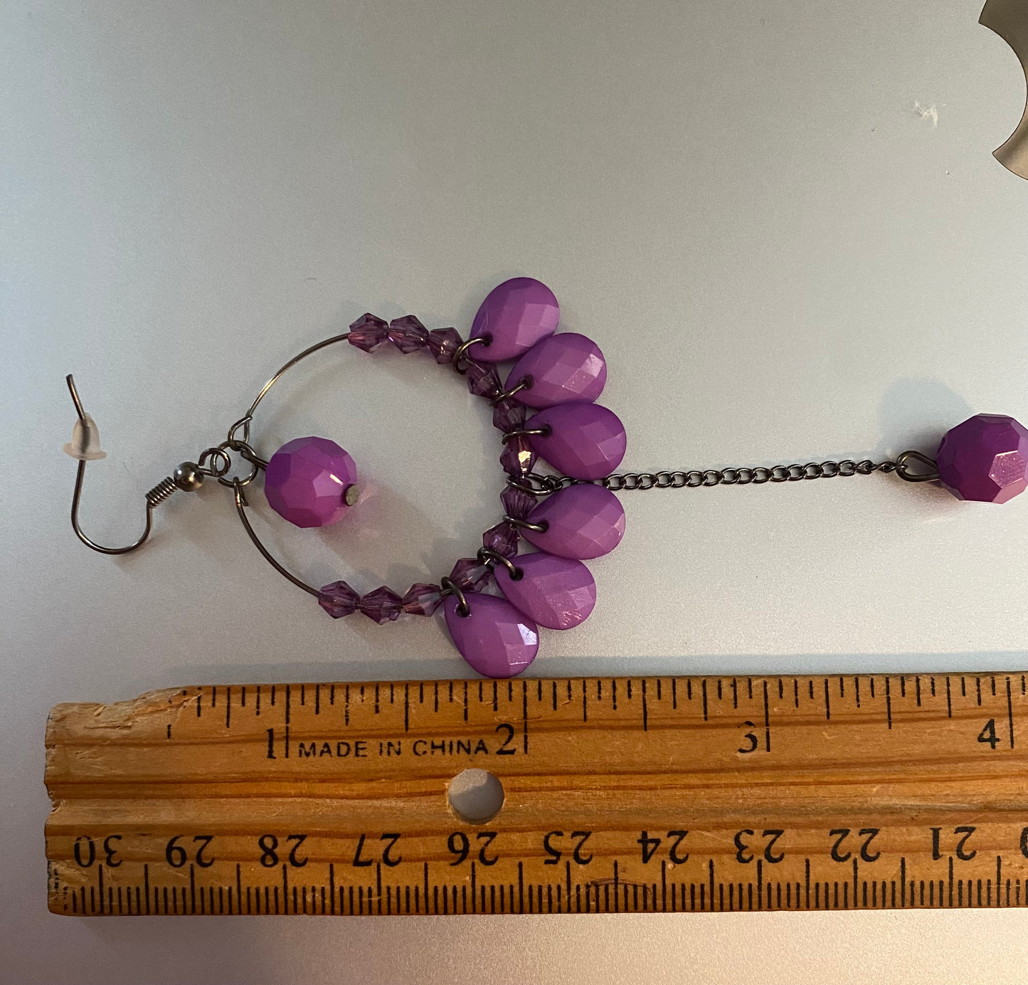 Silver Tone Purple Faceted Beaded Hoop Earrings Chandelier Dangly